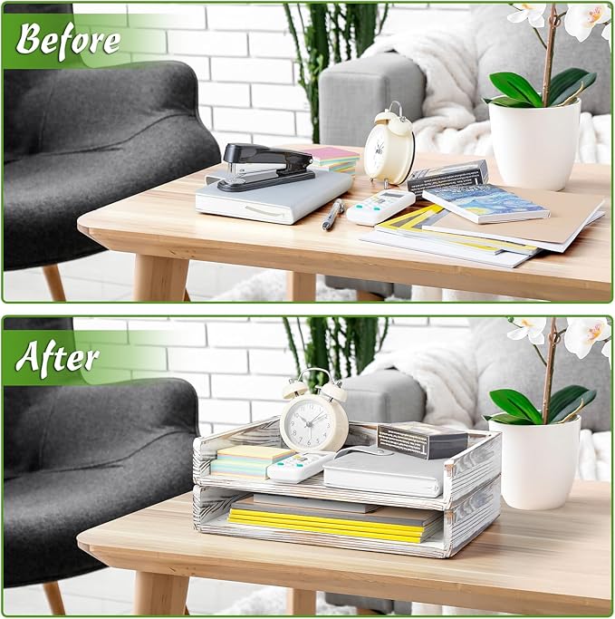 DRASTAR Paper Organizer for Desk, Wood Stackable Paper Tray, Office Desk Organizers & Accessories, Letter Tray Retro White