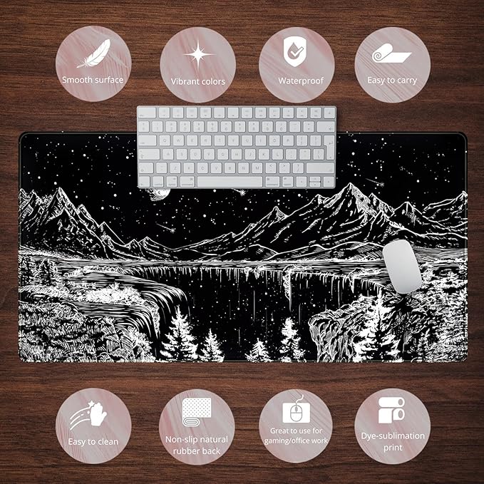 Black and White Desk Mat Dark Nature Forest Mouse pad XXL Starry Night Mountain Desk pad Aesthetic Moon and Stars Mousepad XXL for Laptop Computer Mouse Gaming Keyboard Mat, 31.5 X 15.8 in