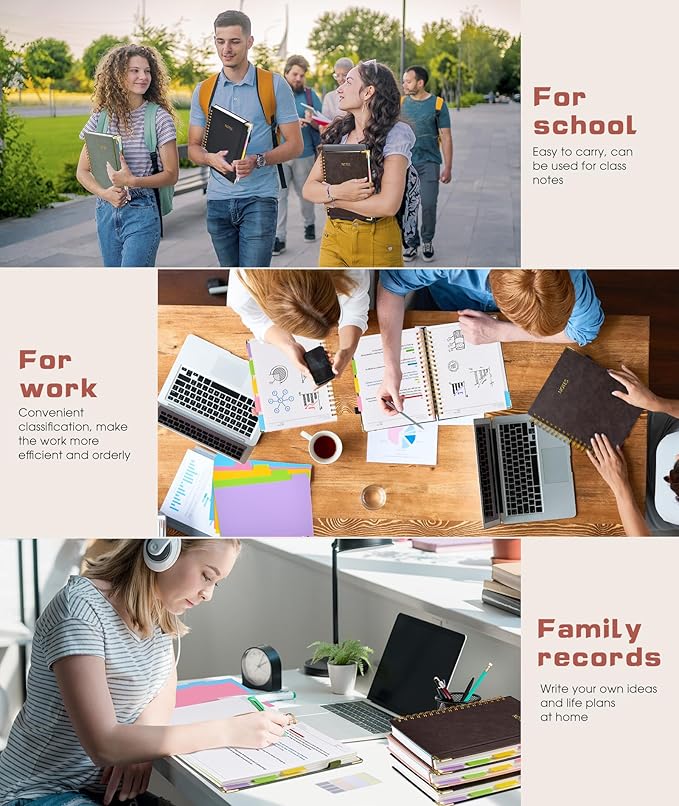 Hardcover Spiral Notebook journal with Removable Dividers Tabs, 300 Pages Leather 5 Subject Notebook College Ruled,A5 Notebooks for Work School Note taking,Lined Journal for Women,A5 Light Brown