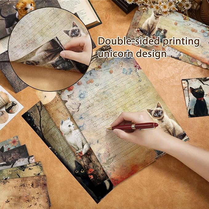 TaoBary 160 Pcs Stationery Paper Set 50 Double Sided Stationery Papers with 50 Matching Envelopes and 60 Round Dot Sticker, 10 Design(Kitten,8.5 x 11 Inch)