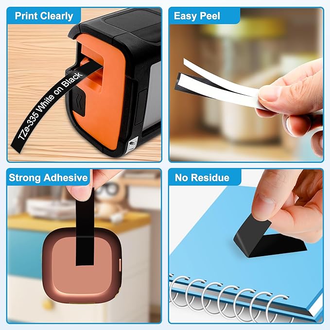 RAEMALL Replacement for Brother TZe-335 TZ-335 Laminated P Touch Label Tape 12mm 0.47 Inch White on Black Label Maker Tape for Brother PT-D210 H110 D220 D410, 5 Pack