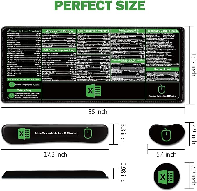 AIMSA Excel Shortcuts Cheat Sheet Mouse Pad, Large Keyboard Shortcut Keys Desk Mat+ Mouse Pad with Wrist Rest+ Keyboard Wrist Rest Support+ Coaster, Ergonomic Multifunctional Mousepad