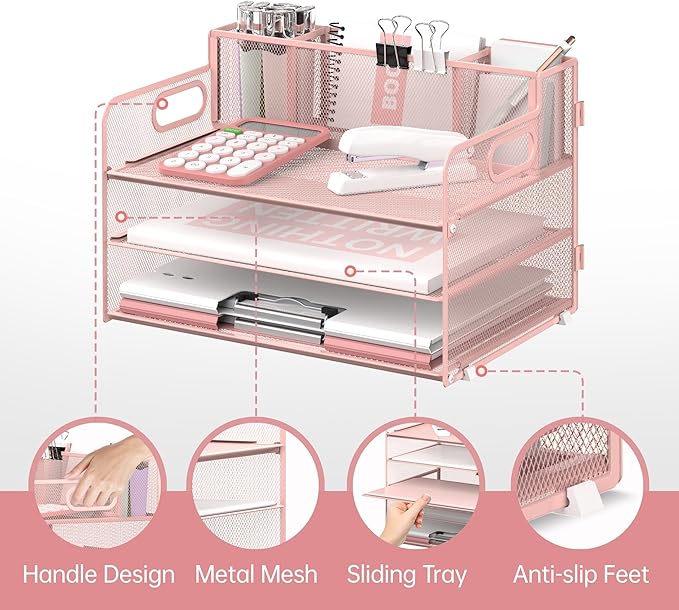 SUPEASY 3 Tier Desk Organizer with Handle & 3 Pen Holders, Mesh Paper/File Organizer for Desk, Paper Letter Tray Organizer for Office Supplies (Cute Pink)
