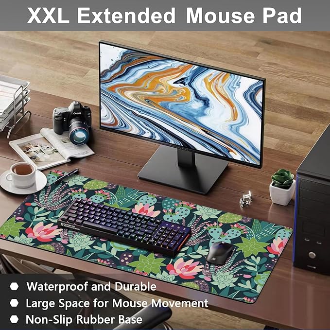 Mouse Pad, Large Succulents and Cactuses Desk Mat, Extended Non-Slip Gaming Keyboard Mousepad Desk Pad, Thick Stitched Edges Waterproof Mouse Mat 31.5"x15.7" (Tropical Plants)