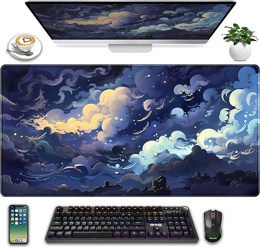 Blue Clouds Desk Mat Large XXL Gaming Mouse Pad Non-Slip Rubber Base Mousepad, Cool Office Desktop Decor Desk Pad, Computer Laptop Keyboard and Mouse Mat with Stitched Edges, 31.5x15.75 in