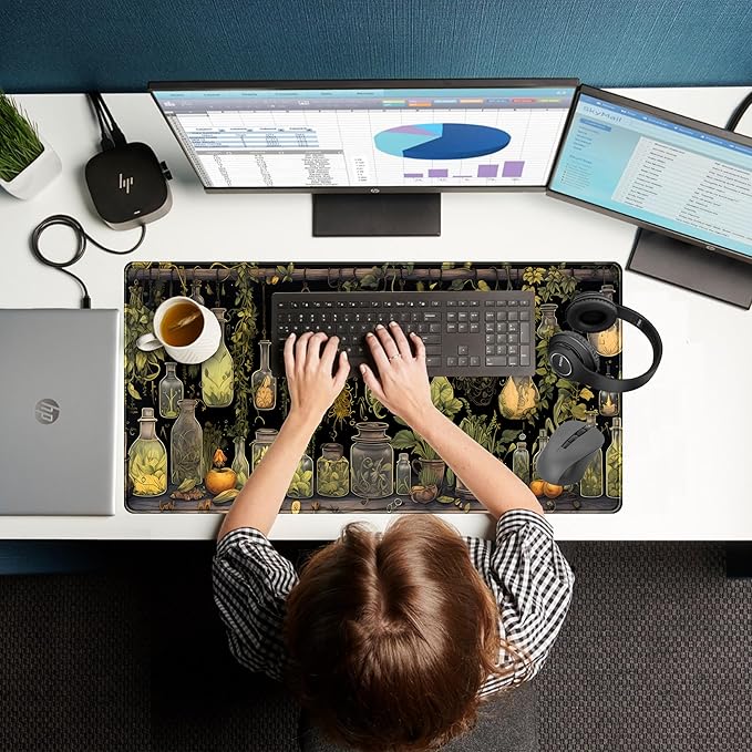 Desk Mat Green Plants Mouse Pad Gaming Mat Dark Keyboard Mat, Long Mouse Mat XXL Extended Desktop Mat Magical Bottles Computer Mats with Stitched Edges, Office Desk Accessory 31.5" x 15.7"