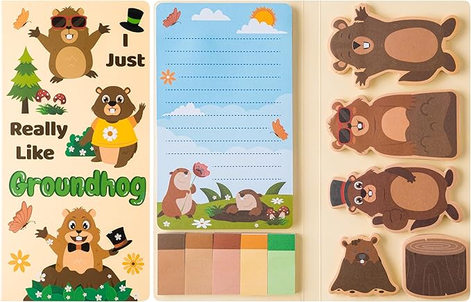 Xqumoi I Just Really Like Groundhog Sticky Notes Set - Cute Animal Self-Stick Note Pads Divider Tabs Bundle Writing Memo Pad Page Marker Back to School Office Supplies Groundhog Day Party Favor Gift