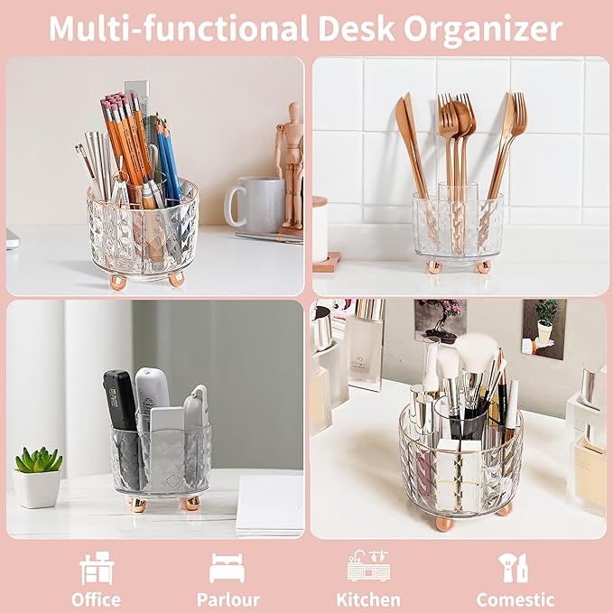 Rose Gold Desk Accessories, Office Supplies Desk Organizers 360°Pen Holder Acrylic Stapler Set, Phone Holder, Ballpoint Pen, Scissor, Binder Clips, Ruler, Transparent Glue, Sticky Note and Staples.