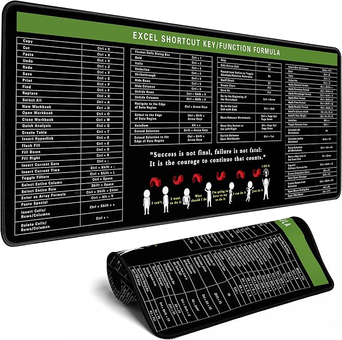 Excel Cheat Sheet Desk Pad Excel Shortcut Keys Mouse Pad Gaming Mouse Pad Desk Accessories Waterproof Non-Slip Large Computer Mat, 31.5x11.8 in (Excel Cheat Sheet)