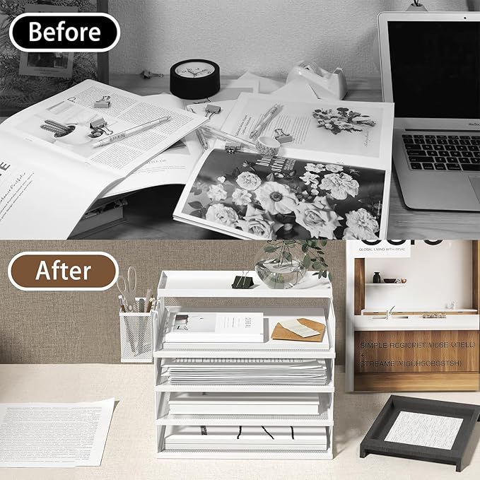 Metal Stackable Letter Trays, 4-Tier Desk Organizer & Paper Trays for Office, Stackable File & Document Tray with Magnetic Labels,White