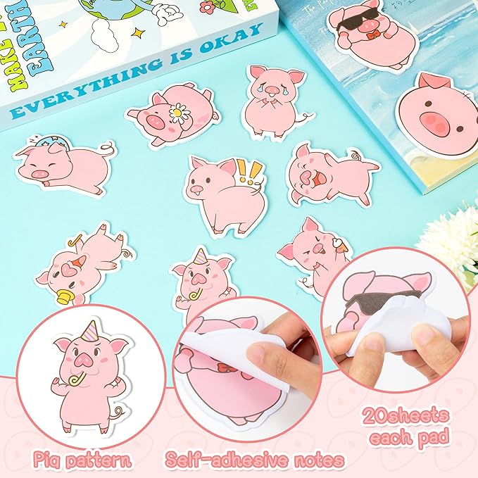 CJiangpo 30Pcs Piggy Sticky Notes Cute Pig Sticky Note Pads, 600 Sheets Self Stick Notepad Memo Pads Funny Page Marker Classroom Rewards Back to School Animal Themed Party Favors Filler Gift