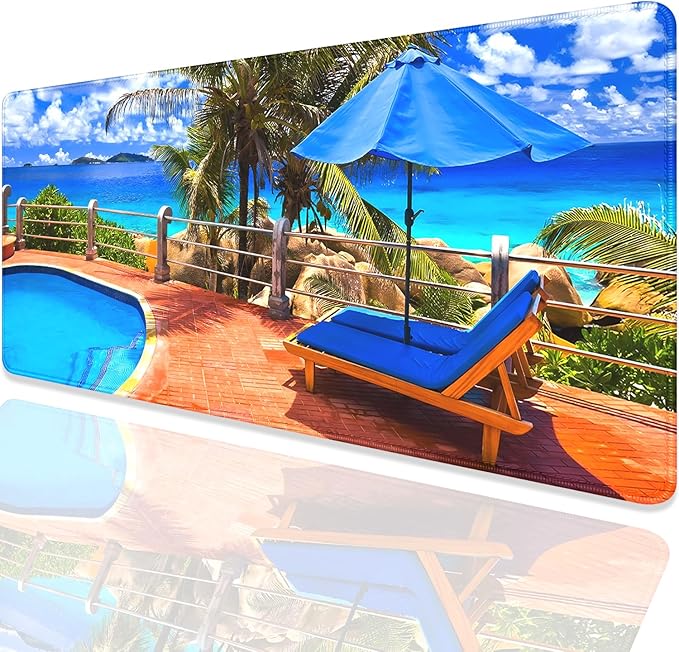 Swimming Pool and Sea Desk Pad Mouse Pad,Large Summer Blue Gaming Mouse Mat with Stitched Edges,Non-Slip Waterproof Rubber Base Mousepad for Office Work Home Desk Mat(27.5X11.8 in)