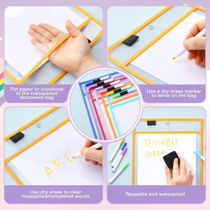 24 Pack Dry Erase Pocket Reusable Sleeves 10" x 14" Clear Plastic Sheet Protectors with Dry Erase Markers and Mini Sleeves Paper Teacher Supplies(Oh Happy Day Color)