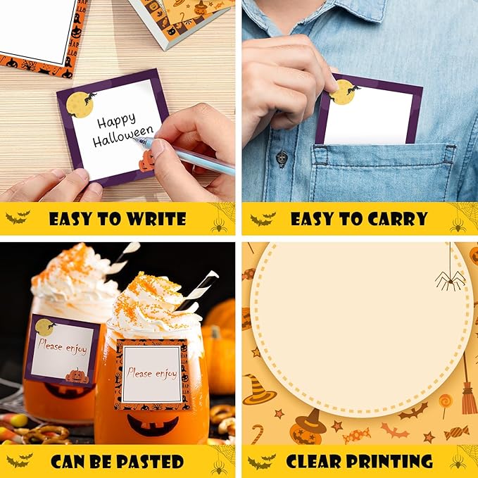 16 Pieces Halloween Sticky Note Self-Adhesive Halloween Note Pads with Spider Pumpkin Bat Eyeball Halloween Memo Notes for Halloween School Office Home Students Teachers Presents 30 Sheets Each
