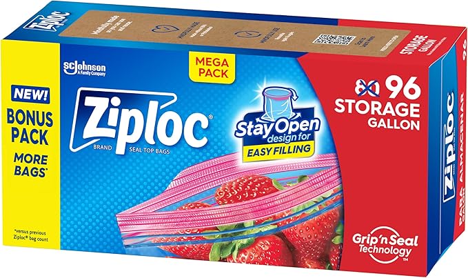 Ziploc Gallon Food Storage Bags, Stay Open Design with Stand-Up Bottom, Easy to Fill, 96 Count