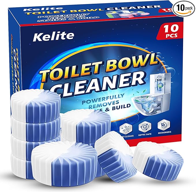 KELITE Automatic Toilet Bowl Cleaner Tablets, 10 Pack Long-Lasting Toilet Tank Cleaner for Bathroom, Blue Water Freshener, Prevents Stains & Odor, Safe for All Toilets (1, 10 Pack (White+Blue))