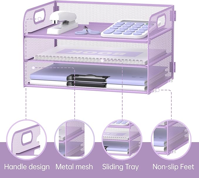 Supeasy 3 Tier Paper Organizer with Handle, Mesh Desk Organizer Letter Tray, Paper Tray File Organizer for A4 File Folder, Purple