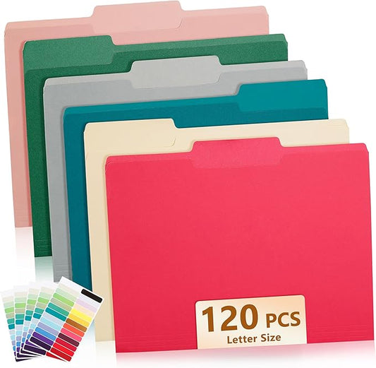 Color File Folders, 1/3-Cut Tabs, Letter Size, Assorted Colors Organizer File Folders for School Home Office Business (120, Assorted Colors)