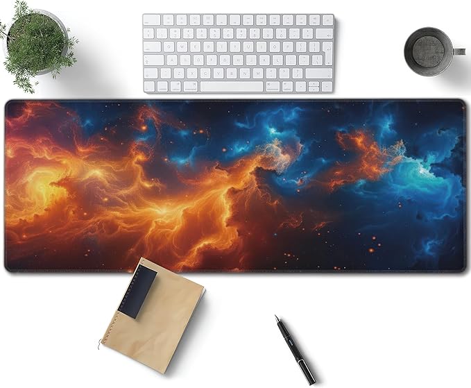 Cosmic Fire and Ice Nebula Large Mouse Pad, Gaming Desk Mat, XL Keyboard Desk Pad Mat for Desktop, 31.5"x11.8" Non-Slip Base Big Mousepad with Stitched Edges