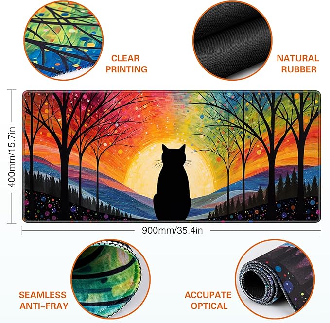 Anime Black Cat Mouse Pad Cute Desk Mat, XXL Large Gaming Mouse Pad Keyboard with Stitched Edges Non-Slip, 35.4×15.7in Keyboard Mat for Desktop Computer Laptop Office Women Desk