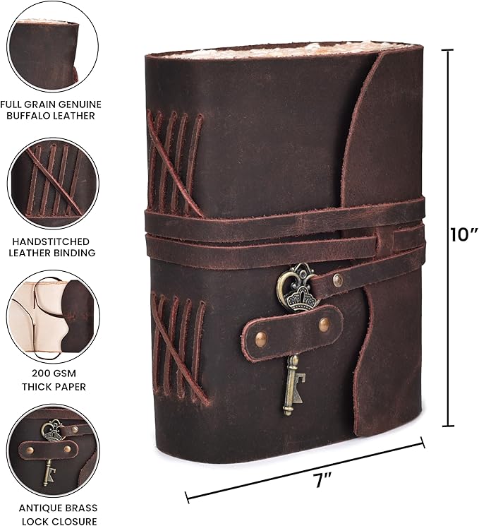 LEATHER VILLAGE Vintage Leather Journal – 200 Handmade Vintage Deckle Edge Paper – Leather bound Journal For Women Men – Vintage Key Closure - Book of Shadows - Chocolate Brown - 10X7 inches