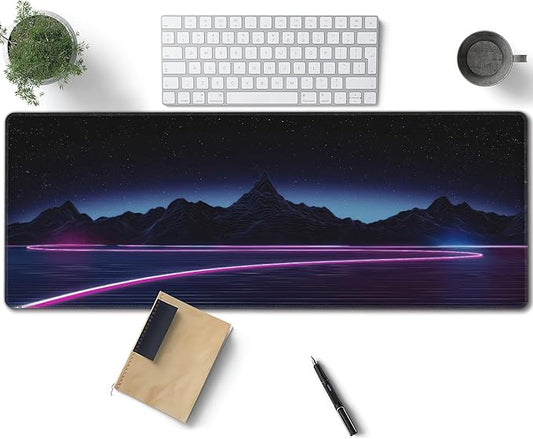 Neon Star Mountains Large Mouse Pad, Gaming Desk Mat, XL Keyboard Desk Pad Mat for Desktop, 31.5"x11.8" Non-Slip Base Big Mousepad with Stitched Edges