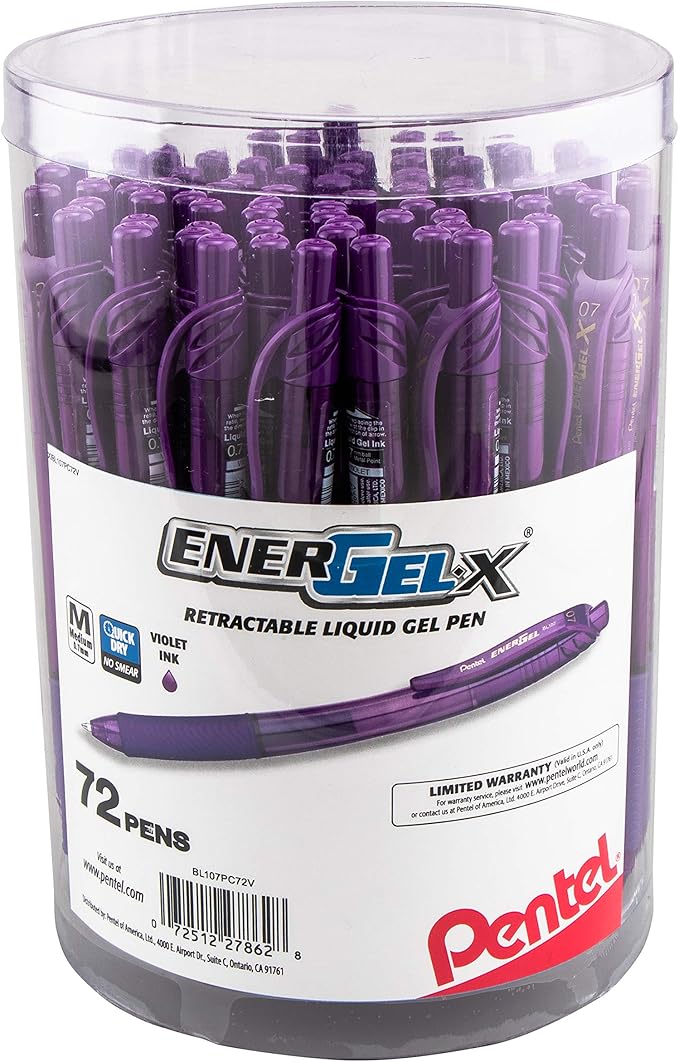 Pentel EnerGel-X Retractable Gel Pen, (0.7mm) Med. Line, Violet Ink, 72-PK Canister (BL107PC72V)
