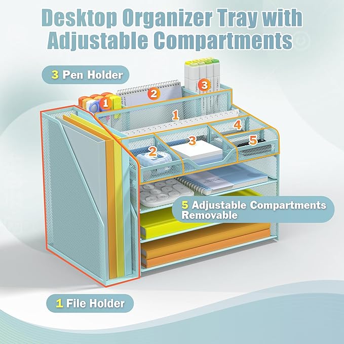 Docnest 4 Tier Mesh Desk Organizer with File Holder – Multi-Functional Paper Letter Tray with 5 Adjustable Compartments, 3 Pen Holders, Desktop Storage for Files, Mail, Stationery – Blue
