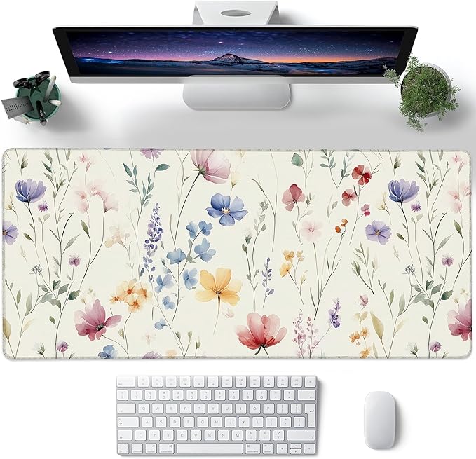 Desk Pad, Watercolor Floral Flowers Leaves XL Gaming Mouse Pad with Stitched Edges,Non-Slip Waterproof Rubber Base Large Desk Mat for Keyboard and Mouse 31.5"x11.8"
