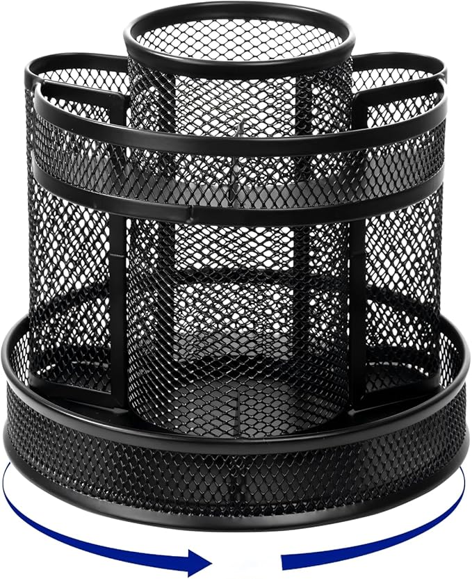 Comix 360° Rotating Pen Holder for Desk, 9 Compartments Office Desk Organizer, Black Mesh Metal Pencil Holder Cup for Office Home School