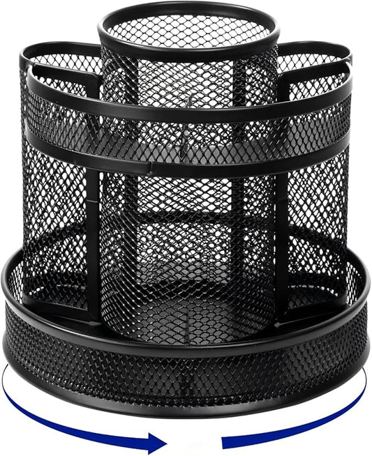 Comix 360° Rotating Pen Holder for Desk, 9 Compartments Office Desk Organizer, Black Mesh Metal Pencil Holder Cup for Office Home School