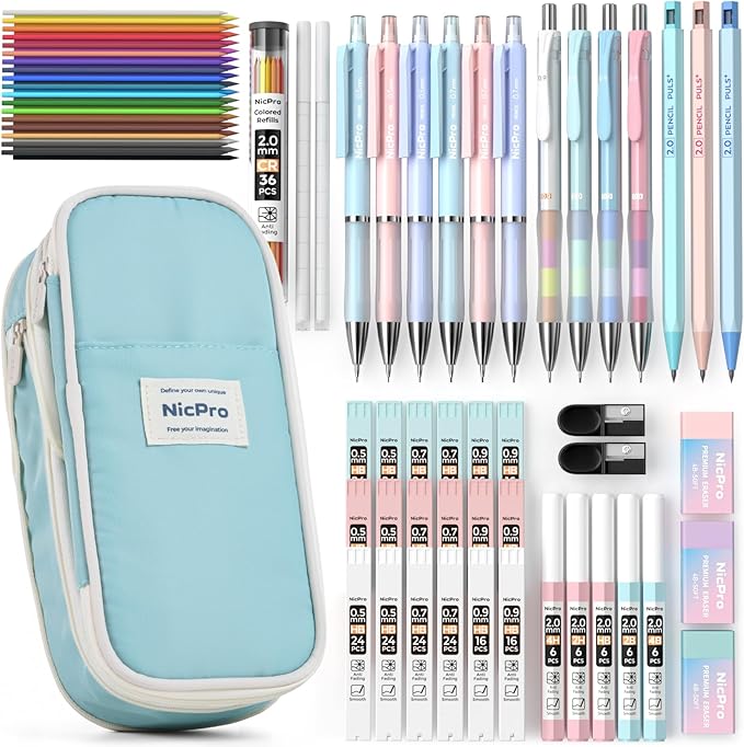 Nicpro 45PCS Aesthetic School Supplies with Pencil Case, Pastel Mechanical Pencils 0.5mm, 0.7mm, 0.9mm & 2.0mm with 498 PCS Refills, Cute Mechanical Pencil Set for Writing, Drawing & Drafting