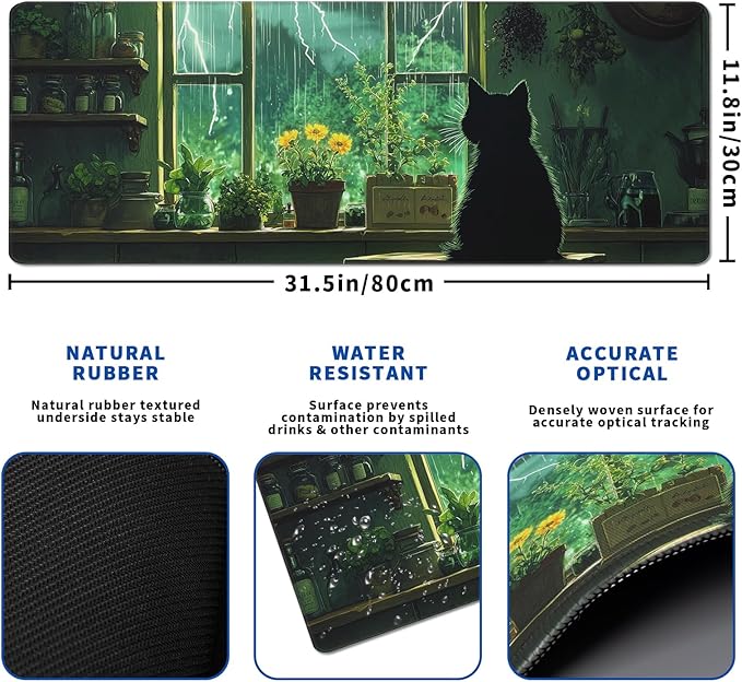 Green Black Cat Mouse Pad Abstract Green Mouse Pad 31.5x11.8 Inch Cat Texture Non-Slip Rubber Base Large Mousepad Stitched Edges Keyboard Mouse Mat Desk Pad for Office and Home