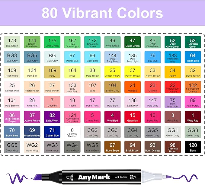 AnyMark Alcohol Markers, 80 Colors Dual Tip Art Coloring Markers Set for Kids Adult Book Drawing Sketching Painting, Chisel & Fine, Black Penholder