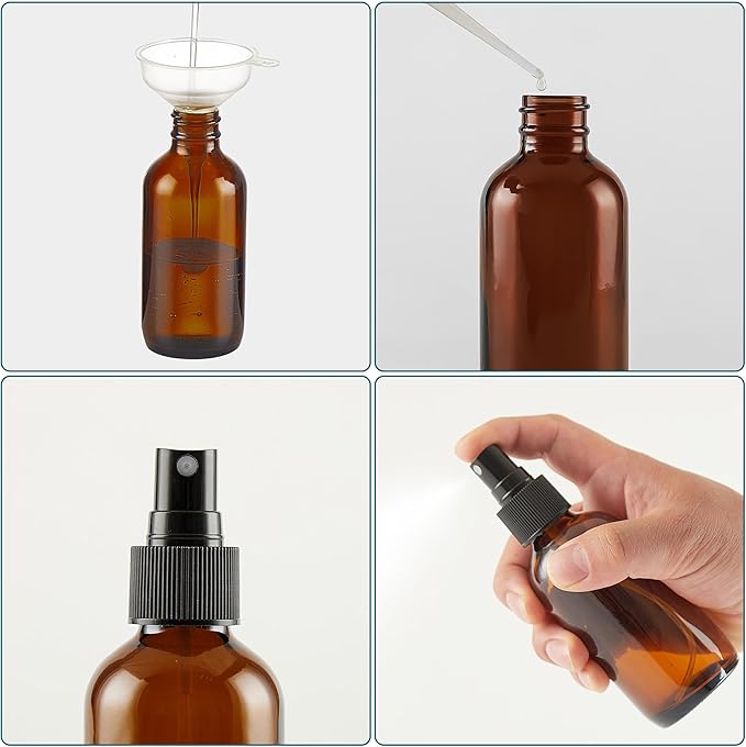 Dark Amber Glass Spray Bottles 4 oz, Small Empty Spray Bottles for Essential Oils, Fine Mist for Face, Hair, Plants, Travel, Perfumes, Cleaning Solutions - 4 Pack