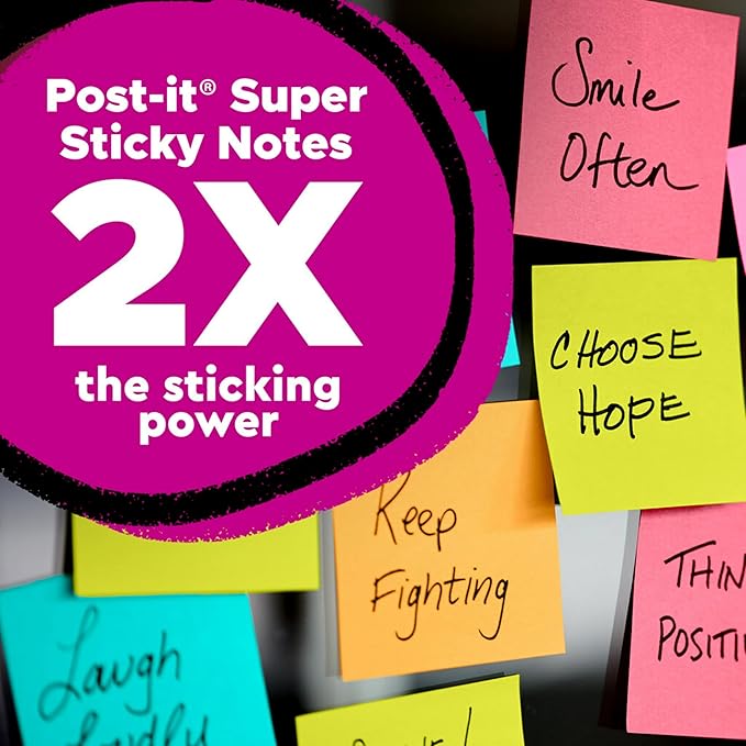 Post-it Super Sticky Notes, 5 Sticky Note Pads, 3 x 3 in., School Supplies, Office Products, Sticky Notes for Vertical Surfaces, Monitors, Walls and Windows, First Snow White