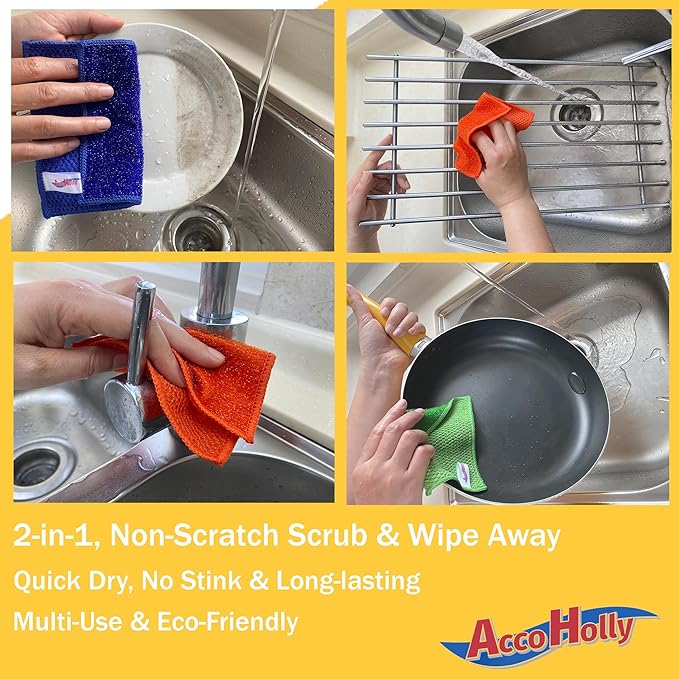 15 Pack Microfiber Scrub Dish Cleaning Cloth, Non-Scratch, Reusable & Durable for Pan Pot Dish Cooktop Stovetop Counter Kitchen Household, Machine Washable, 6 x 6 Inch, Orange, Blue & Green Assorted