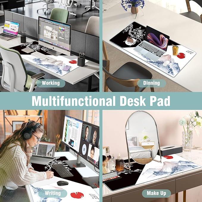 Japanese Death & Life Style Large Mouse Pad, 31.5 X 11.8 Inch Cool Design Full Desk Gaming Mouse Pad Desk Mat, Black White Cherry Blossom & Watercolor Japan Fuji Mountain Painting Mousepad