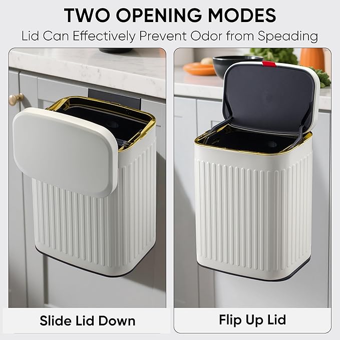 2.11Gallon 8L Carbon Steel Trash Can Door Compost Bin Wall Mounted 2 Ways Sliding Lid Compost Bin Countertop Kitchen Hanging Cabinet Door Trash Bin Metal Garbage Bin Cubo de Basura Ivory
