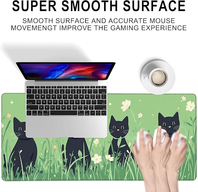 Gaming Mouse Pad, Anime Black Cats and Flowers Large Desk Mat for Keyboard and Mouse,Non-Slip Rubber Base and Stitched Edges Desk Pad for Home Office 35.4x15.7in
