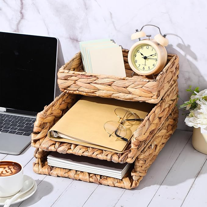 Geelin 3 Pack Woven Water Hyacinth Stackable Desk Organizer Letter Tray, Tabletop Desk Basket for Storage Paper Letter Folders Notebooks Copy Print, Workspace Holder, Keep Stationery Saver