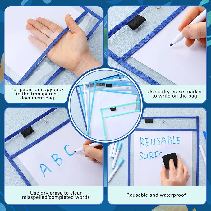 24 Pack Dry Erase Pocket Reusable Sleeves 10" x 14" Clear Plastic Sheet Protectors with Dry Erase Markers and Mini Sleeves Paper Teacher Supplies(Ocean Teal)