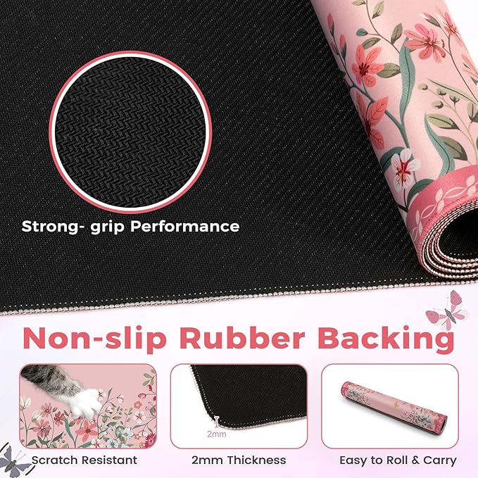 HAOCOO Rose Desk Pad Mat Floral, Cute Desk Matt for Desktop, Non-Slip Large Mouse Pad with Edge Stitching, Waterproof Keyboard Mat for Gaming, Office, Women Office Aesthetics