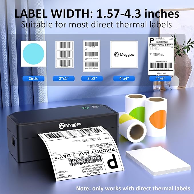 Mvgges Shipping Label Printer,Bluetooth 4x6 Thermal Label Printer for Small Business Office or Home, Compatible with Android, iOS, Windows and Mac, Widely Used for Amazon,Ebay,USPS,Etsy