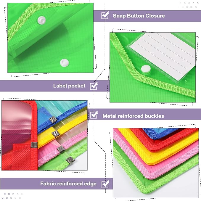 10 Pieces Plastic File Folders Envelope Expanding File Wallet Organizer Documents Folder with Snap Closure and Pocket, A4 Size Waterproof Transparent Pouch(Assorted Color,Vertical)