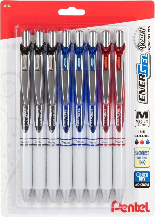 Pentel EnerGel Pearl Retractable Liquid Gel Pen, 0.7mm, Medium Line, Black Red and Blue Ink, 8-Pk (BL77WBP8OFC)