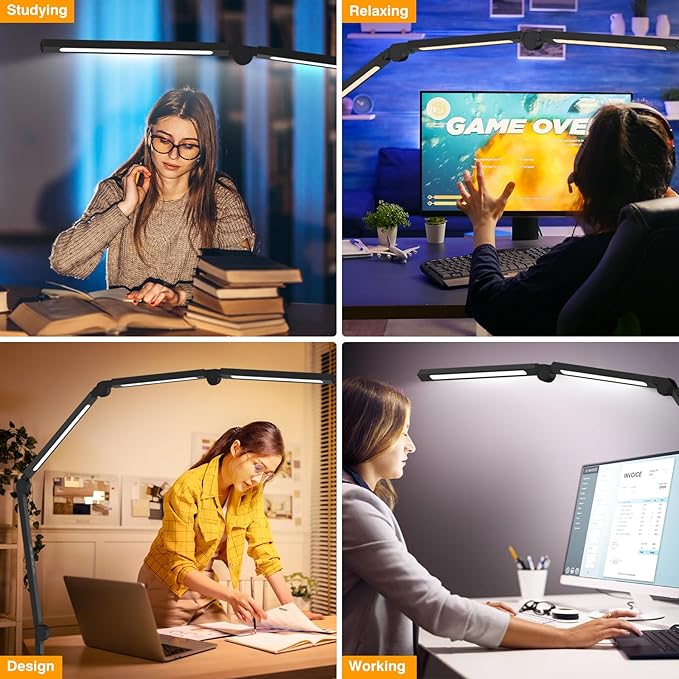 LED Desk Lamp with Clamp, Adjustable Swing Arm for Home Office, Dimmable Tempering Eye Care Table Light, Black Aluminum
