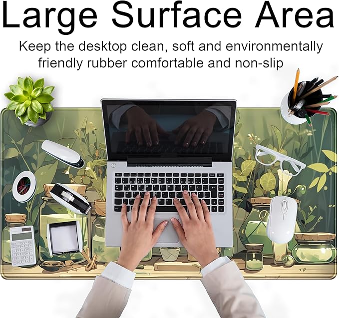 Cute Desk Mat Green Plant Cat Kawaii Sage Mouse Pad Gaming XXL Large Mousepad Extended Desk Matt for Desktop, Laptop Computer Keyboard Mouse Mat for Women Office Decor Accessories 31.5''x15.7''