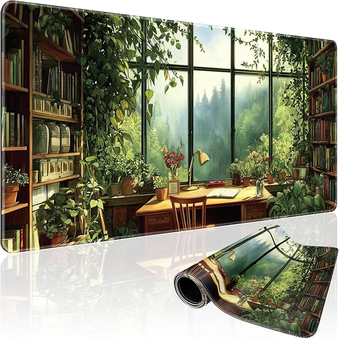 Green Library Study Room Large Gaming Mouse Pad 31.5"x15.7"｜XXL Desk Mat, Non-Slip Rubber Base & Stitched Edges - Extended Waterproof Mousepad for PC/Laptop/Office/Home Decor