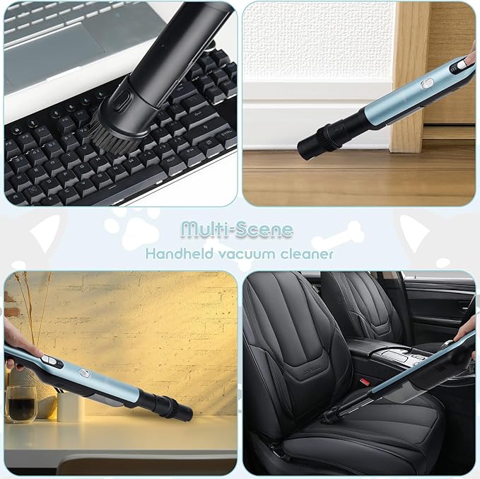 VACFAM Handheld Cordless Vacuum Cleaner, Portable Car Vacuum with 18KPa Suction Power, Quick-Charge Hand Vac with LED Headlight & Storage Dock for Home Office Desk Keyboards Pet Hair, Blue